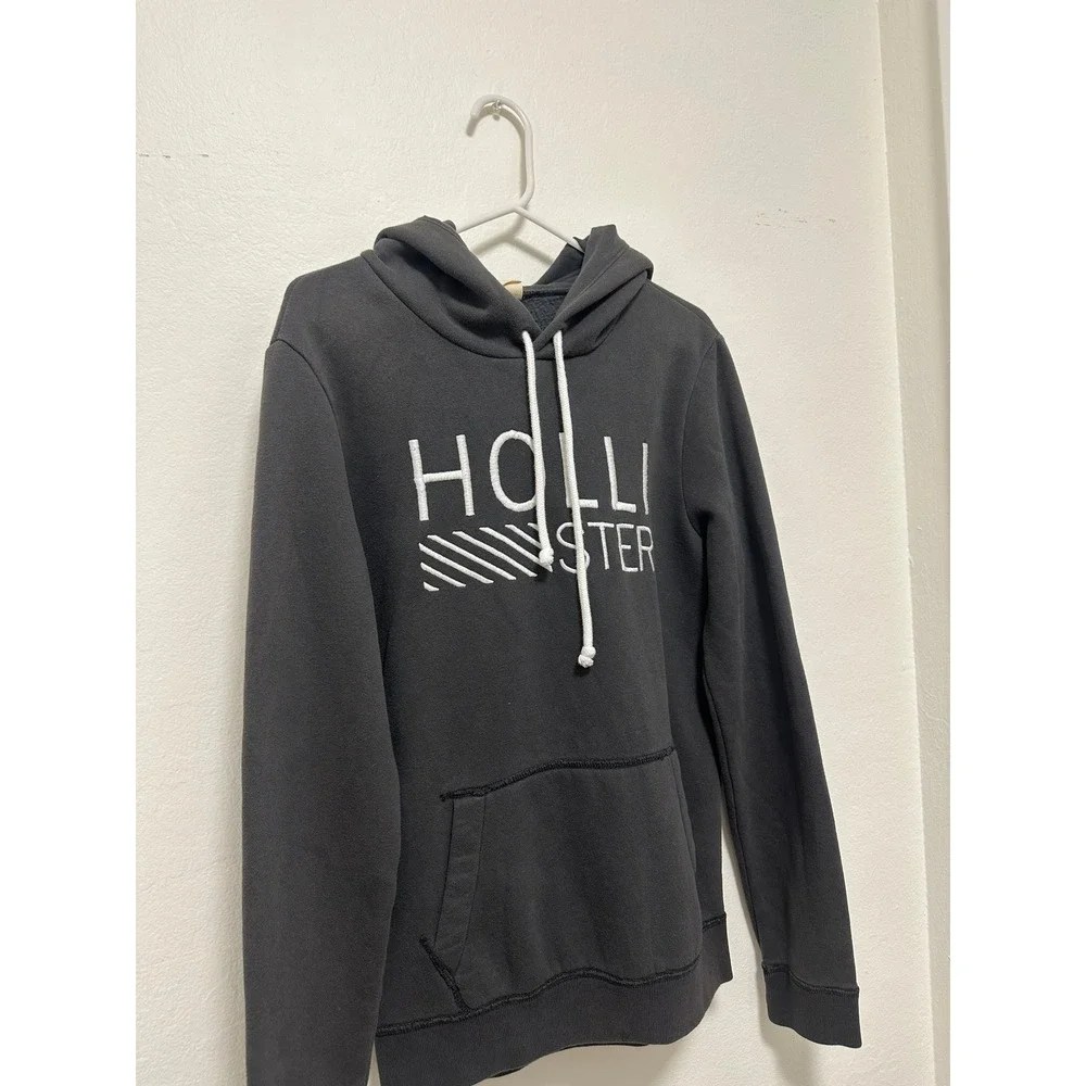 Hollister Hoodie Mens Small Black Embroidered Logo Pullover Sweatshirt - Picture 5 of 6